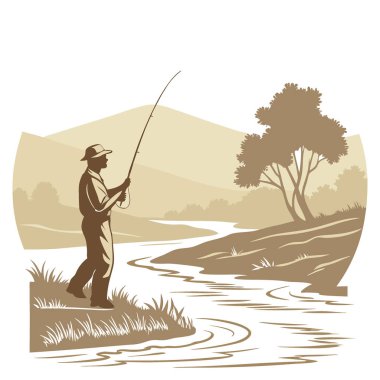 Güneşin doğuşunda, sisli bir nehirde balık avlayan bir balıkçının sakin bir silueti. Yapay zeka üretildi. Vektör simgesi