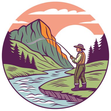Bir balıkçı, gün batımında dağlık bir arazide uçuşan sakin bir nehirde sinek avlamaktan hoşlanır. Vektör simgesi