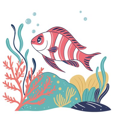 Mercan resifleri arasında zarif bir şekilde yüzen pembe ve turuncu renkli canlı bir tropikal balık yapay zeka üretti. Vektör simgesi