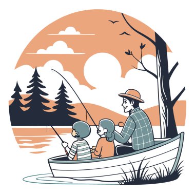 Aile, Gölde Huzurlu Günbatımı Balık Tutma Gezisi Mutluluk ve Doğada Beraberlik. Yapay zeka üretildi. Vektör simgesi
