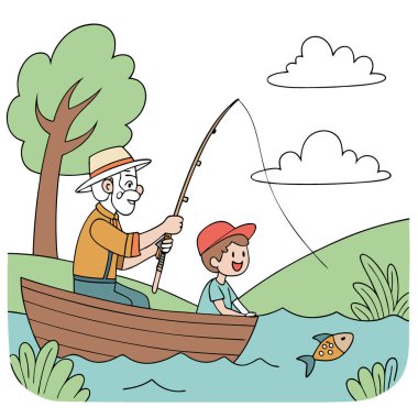 Dedem ve torunum oltayla balık avlıyor. Balık yakalıyorum. Nehirde bir tekneye binmek. Yapay zeka üretildi. Vektör simgesi