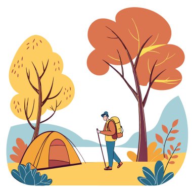 Adam göl kenarında parlak turuncu bir çadırın yanında duruyor. Güneşli bir sonbahar gününde ağaçlarla çevrili. Yapay zeka üretildi. Vektör simgesi