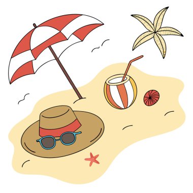 Parlak şapkalı kumsal. Mermiler. Güneş gözlüğü. Ve ferahlatıcı bir kompozisyonda tropikal bir içecek. Yapay zeka üretildi. Vektör simgesi