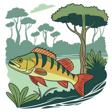 Canlı Xingu Tavuskuşu Bası Amazon Nehri Havzası 'nın berrak tropik sularında zarafetle yüzüyor. Yapay zeka üretildi. Vektör simgesi