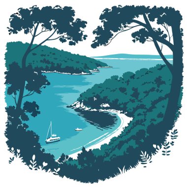 Kalp sembolü şeklinde mavi suyu olan bir deniz koyunun manzarası. Tropikal ormanlarla çevrili. Yapay zeka üretildi. Vektör simgesi