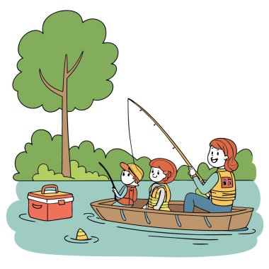 Sakin Gölde Aile Balıkçılığı Macerası. Çocuklarla Hafta sonu kaçamağı. Suda Anılar Oluşturdu. Yapay zeka üretildi. Vektör simgesi