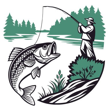 Bass Fish 'in yemlerle balığa çıkmasının detaylı bir tasviri. Çubuk. ve Coşkular İçin Manzaralı Su Arkaplanı. Yapay zeka üretildi. Vektör simgesi