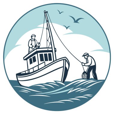 Uzun hatlı balıkçı teknesi sakin sularda yüzüyor. Denizcilik Faaliyetlerinin Özünü Yakalıyorum. Yapay zeka üretildi. Vektör simgesi