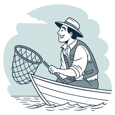 Şapkalı ve yelekli bir adam balıkçı ağıyla bir teknede oturuyor. Gülümsüyor ve eğleniyor. Yapay zeka üretildi. Vektör simgesi