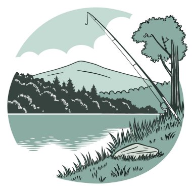 Huzurlu İşçi Bayramı Balıkçılık Manzarası. Dağ, Su ve Balıkçılık Çubuğu 'nu yansıtıyor. Yapay zeka üretildi. Vektör simgesi