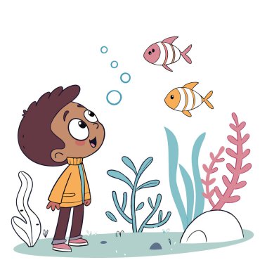 Bir çocuk huşu içinde duruyor. Akvaryumdaki su altı yaban hayatını araştırıyorum. Merak ve merakla beslenen yapay zeka üretildi. Vektör simgesi