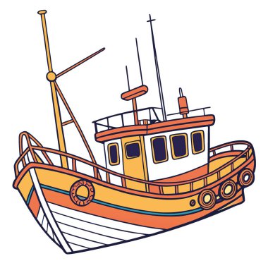 İki anten ve turuncu aksanlı renkli bir balıkçı teknesi. Şeffaf arkaplanda izole edilmiş. png. Yapay zeka üretildi. Vektör simgesi