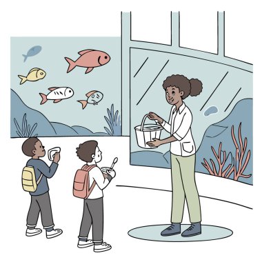 Öğrenciler akvaryuma geziye gitti. Deniz yaşamını izlemek ve bir beslenme gösterisine katılmak. Yapay zeka üretildi. Vektör simgesi
