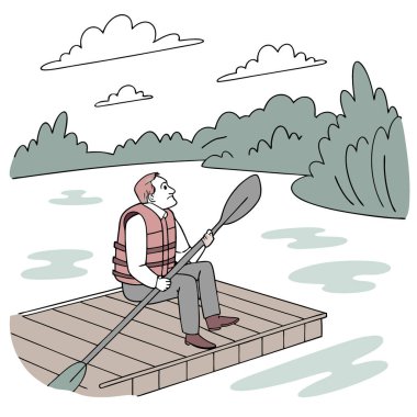 İskelede oturan orta yaşlı bir adam nehirde kanoya binmeye hazır. Güzel, basit bir görüntü. Yapay zeka üretildi. Vektör simgesi