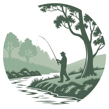 Sabahın erken saatlerinde balıkçı sükunet içinde bir çizgi çiziyor. Güneşin doğuşundaki sisli sular dingin doğayla çevrilidir. Yapay zeka üretildi. Vektör simgesi