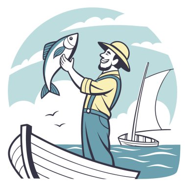 Denizde güneşli bir sabahta son avını elinde tutan gururlu bir balıkçıyla anıları yakalamak. Yapay zeka üretildi. Vektör simgesi