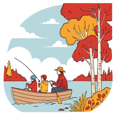 Kiralık bir teknede Aile Balıkçılığı Sersemletici Sonbahar Yeşilliği ile Hafta Sonu Macerası Göl Macerası. Yapay zeka üretildi. Vektör simgesi