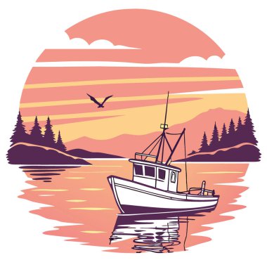 Gün doğumunda Sakin Sularda Güzel Yansımalar ve Canlı Renklerle Yüzen Manzaralı Balıkçı Teknesi. Yapay zeka üretildi. Vektör simgesi