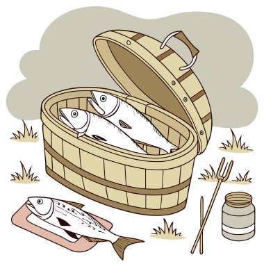 Taze Yakalanmış Creel Balığı Kırsal Ahşap Sepet 'te sergilendi. Yapay zeka üretildi. Vektör simgesi