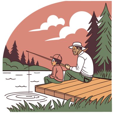 Baba ve Oğul, Sunset Gölü kıyısında huzurlu bir balık avının tadını çıkarıyorlar. Doğanın Güzelliği ile çevrili. Yapay zeka üretildi. Vektör simgesi