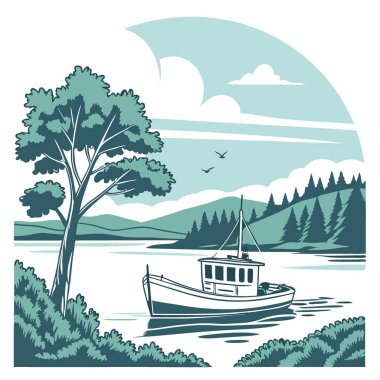 Sakin Bir Balıkçı Teknesinin Huzurlu Sahnesi Sakin Sularda Anchored Çevrelenmiş Doğal Arka plan. Yapay zeka üretildi. Vektör simgesi