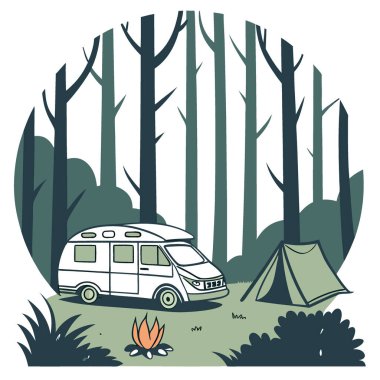 Yoğun bir ormanda çadırı olan küçük bir kamp arabası. Kamp ateşi akşam ışığında parlıyordu. Yapay zeka üretildi. Vektör simgesi