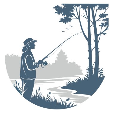 Sabahın erken saatlerinde sakin bir balık avlama yerinde odaklanma ve beklentiyle dönen bir makarayı tutmak. Yapay zeka üretildi. Vektör simgesi