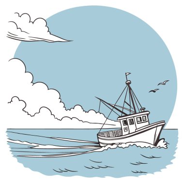 Açık Deniz ve Açık Mavi Gökyüzü ve Durgun Deniz Koşulları 'nda Uzun Çizgili Balıkçı Gemisi. Yapay zeka üretildi. Vektör simgesi