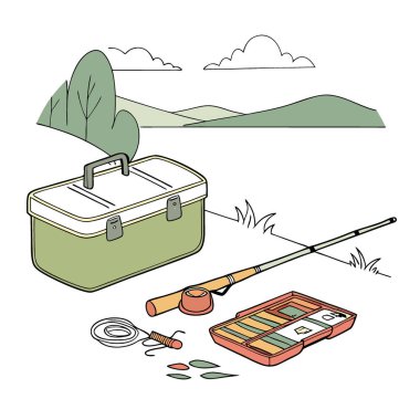 Balıkçılık malzemeleri bir su kütlesinin yüzeyine serilmişti. Açık hava veya eğlence amaçlı kullanım potansiyeli olan bir yer. Yapay zeka üretildi. Vektör simgesi