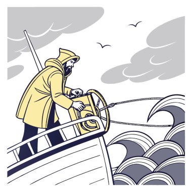 Sarı yağmurluklu balıkçı açık denizde bulutlu bir günde balıkçı teknesinde vinç kullanıyor. Yapay zeka üretildi. Vektör simgesi