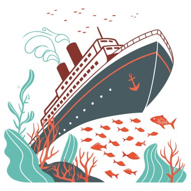 Büyük bir yolcu gemisinin kıçı batıyor. Yapay zekanın yarattığı kıvrımlı balık sürüleri ve canlı mercanlarla çevrili. Vektör simgesi
