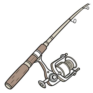 Tahta saplı ve dönen makaralı bir oltaya yakın çekim. Yapay zekanın yarattığı balık tutmanın keyfini sembolize ediyor. Vektör simgesi