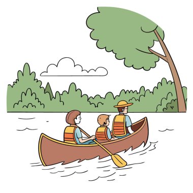 Aile teknede ya da sakin bir gölde kano gezisinde. Can yeleği giyen çocuklar ve tekneye rehberlik eden aileler. Yapay zeka üretildi. Vektör simgesi