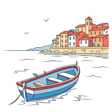 Küçük mavi ve kırmızı bir tekne sakin sularda huzur içinde yüzer ve renkli bir kasaba yapay zekanın ürettiği mesafeyi yansıtır. Vektör simgesi