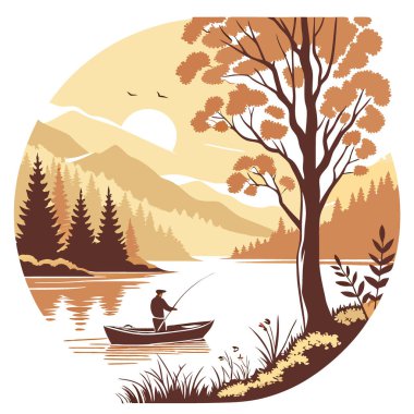 Güneşin doğuşu sırasında dağlarda sonbahar yapraklarıyla çevrili sakin bir gölde sakin bir sabah balık avı. Yapay zeka üretildi. Vektör simgesi