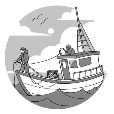 Kaptan bir balıkçı teknesinde yol alırken mürettebat bulutlu bir havada sakin bir denizde teçhizat taşıyor. Yapay zeka üretildi. Vektör simgesi