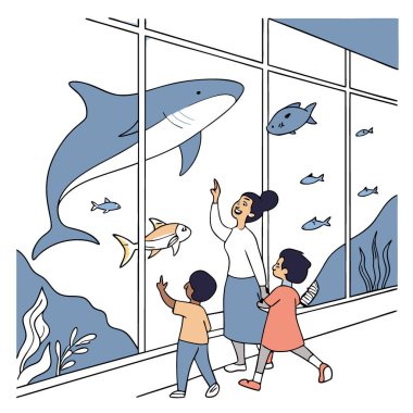 Heyecanlı çocuklar ve aileler yapay zekanın ürettiği cam duvarlardan deniz yaşamının harikalarını keşfediyorlar. Vektör simgesi