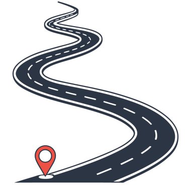 Yolculuk ve yolculuk güzergahı. Beyaz arka planda Pin Pointer 'la sarmal yol. Vektör EPS 10. Üst görünüm. Yapay zeka üretildi. Vektör simgesi