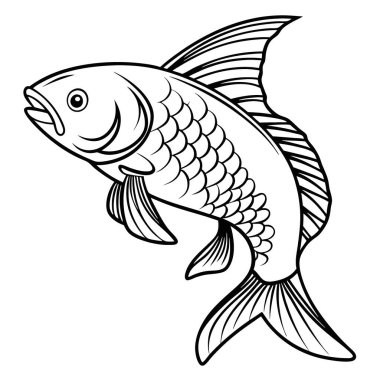 Katı beyaz bir zemin üzerinde izole bir şekilde yüzen bir balığın çizgi çizimi. 32 bin. Tam ultra HD. Yüksek çözünürlük Yapay zeka üretildi. Vektör simgesi