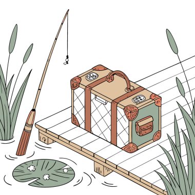 Rıhtımda su kenarında bir rıhtıma yerleştirilmiş eski bir bavul. Macerayı ve boş zamanı sembolize ediyor. Yapay zeka üretildi. Vektör simgesi