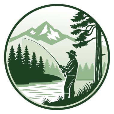 Logo gölün kenarında bir balıkçıyı gösteriyor. Çam ormanı ve dağ manzarasıyla çerçevelenmiş yeşil bir arka planda yapay zeka üretildi. Vektör simgesi