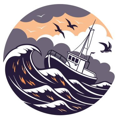 Bir balıkçı teknesi, alacakaranlıkta yaşanan dramatik bir hava olayında etrafı dalış yapan deniz kuşlarıyla çevrili çalkantılı denizlere göğüs gerer. Yapay zeka üretildi. Vektör simgesi