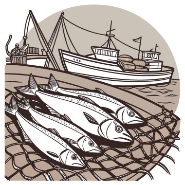 Balıkçı teknesinin güvertesindeki büyük bir balık avının yakından görüntüsü. Arka planda diğer teknelerle yapay zeka üretildi. Vektör simgesi