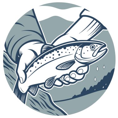 Küçük bir balığı tutan ellerin yakın çekimi. Doğanın güzelliğini ve yapay zekanın yarattığı balıkçılık deneyimlerini gösteriyor. Vektör simgesi