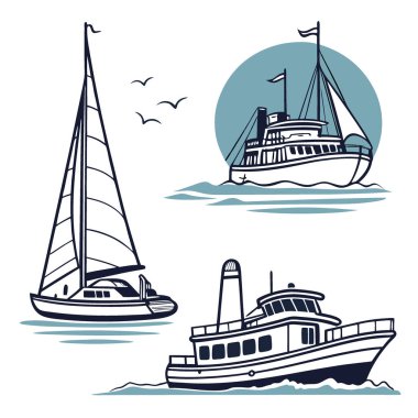 Yelkenlileri tasvir eden bir dizi çağdaş izole tabela. Yatlar. Buharlı gemi. Yapay zekanın ürettiği bir limanda balıkçı tekneleri. Vektör simgesi