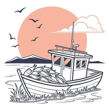 Gün batımında balıklarla dolu sakin bir balıkçı teknesi. Yapay zekanın yarattığı huzuru ve doğanın cömertliğinin güzelliğini yansıtıyor. Vektör simgesi