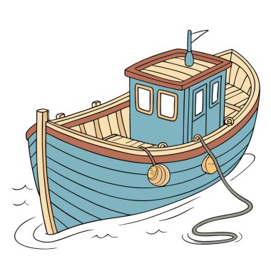 Açık mavi balıkçı teknesi sıcak ahşap süslemeler ve zeytin yeşili ağlar sergiliyor. Sakin sularda dinleniyor. Yapay zeka üretildi. Vektör simgesi