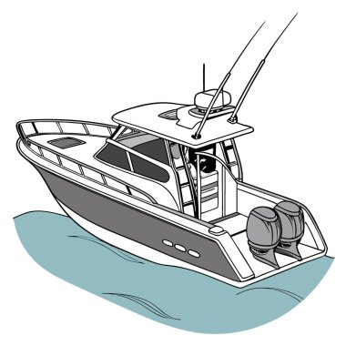 Açık deniz balıkçılığı için tasarlanmış şık bir balıkçı teknesi. Yapay zekanın oluşturduğu modern estetik ve işlevsel özellikler sergileniyor. Vektör simgesi