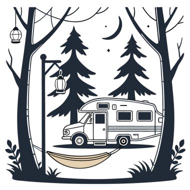 Huzurlu bir çam ormanının ortasına park etmiş bir kamp arabası, bir hamak ve mekanı aydınlatan fenerler. Yapay zeka üretildi. Vektör simgesi