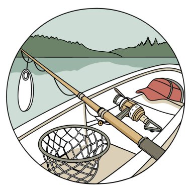 Teknede olta takımının yakın çekimi. Çubuklar. Makaralar. Yem. Ve bir ağ. Arka planda yapay zekanın oluşturduğu sakin bir göl var. Vektör simgesi